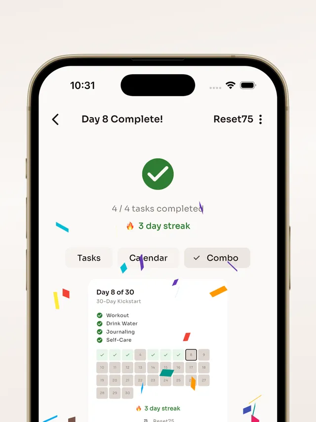 Reset75 Day 8 Complete screen with 4 of 4 tasks completed, a 3-day streak, and a shareable progress card for the 30-Day Kickstart