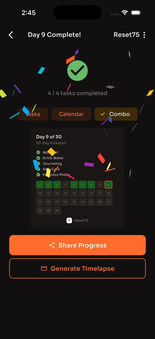 Reset75 celebration screen showing Day 9 Complete with confetti, calendar view, and sharing options