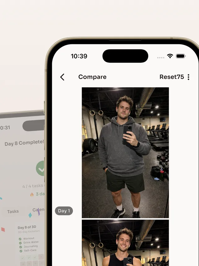 Reset75 compare screen with a Day 1 progress photo above a later photo of the same person