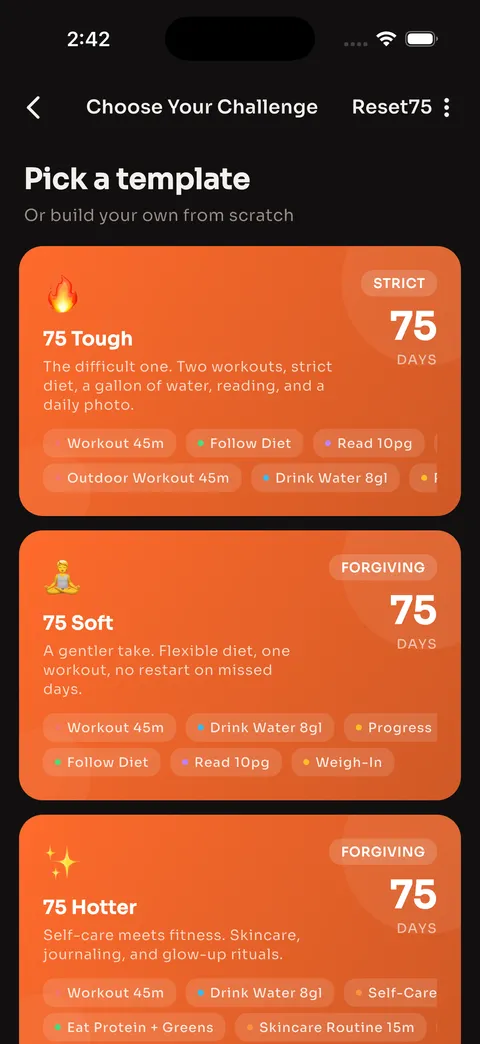 Reset75 statistics showing category breakdown and task progress percentages