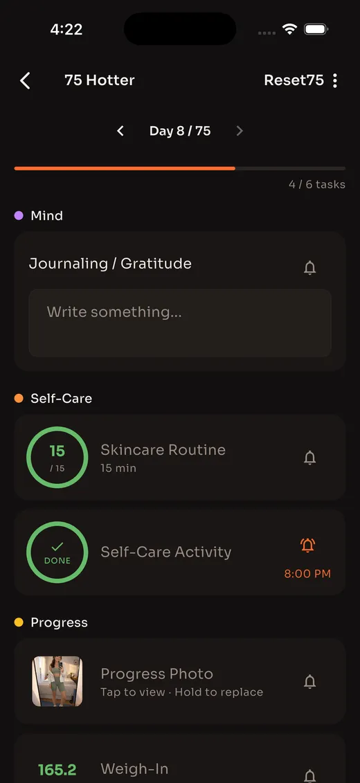 Reset75 daily logging screen with journaling, skincare routine, and self-care activity tasks
