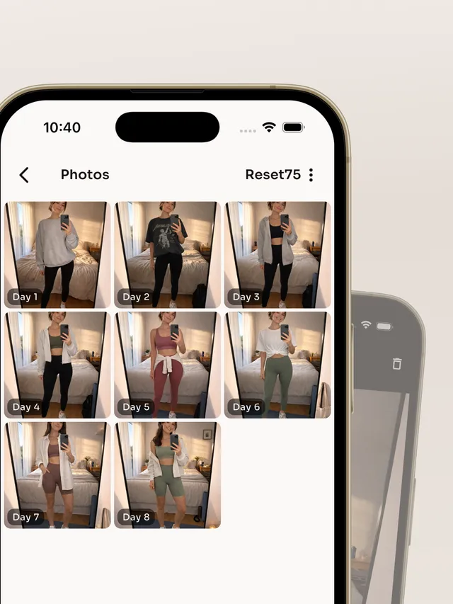 Reset75 photo gallery with eight daily progress photos labeled Day 1 to Day 8