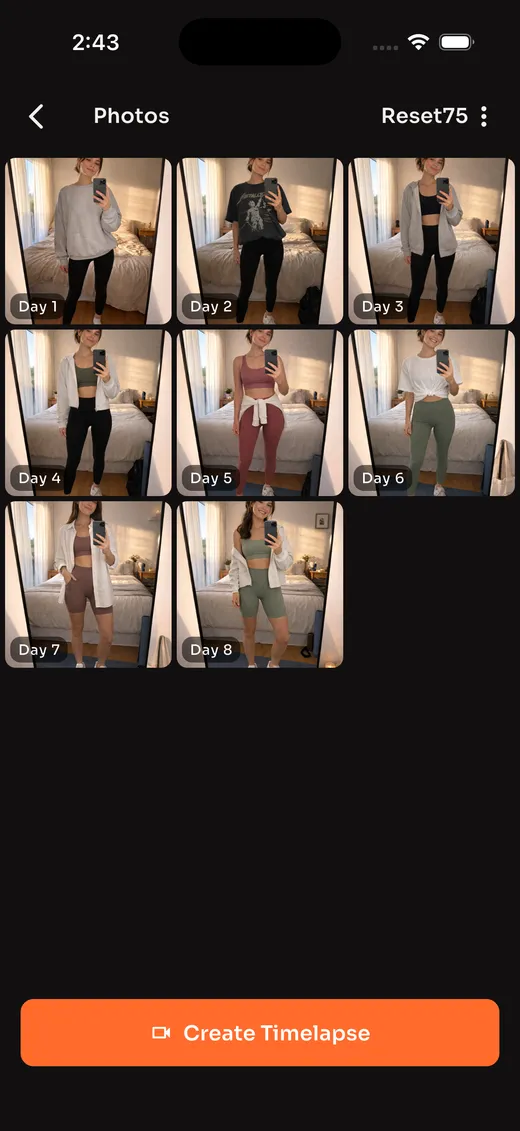 Reset75 progress photo gallery showing 8 days of daily progress photos in a grid