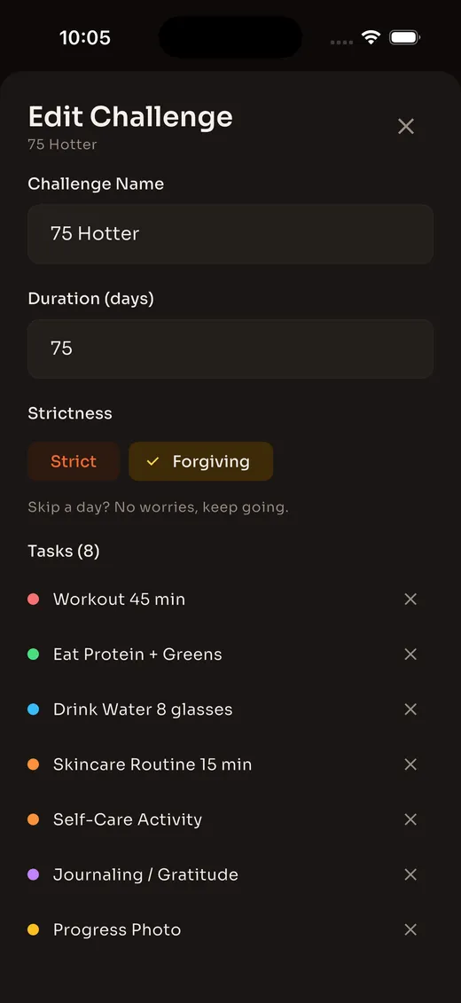Reset75 edit challenge screen showing custom task list, duration, and strictness settings for 75 Hotter