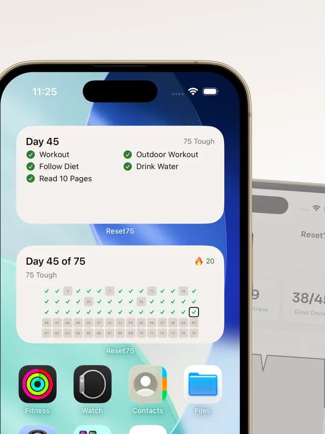 iPhone home screen with two Reset75 widgets: today’s 75 Tough tasks, and the day 45 of 75 grid with the streak count