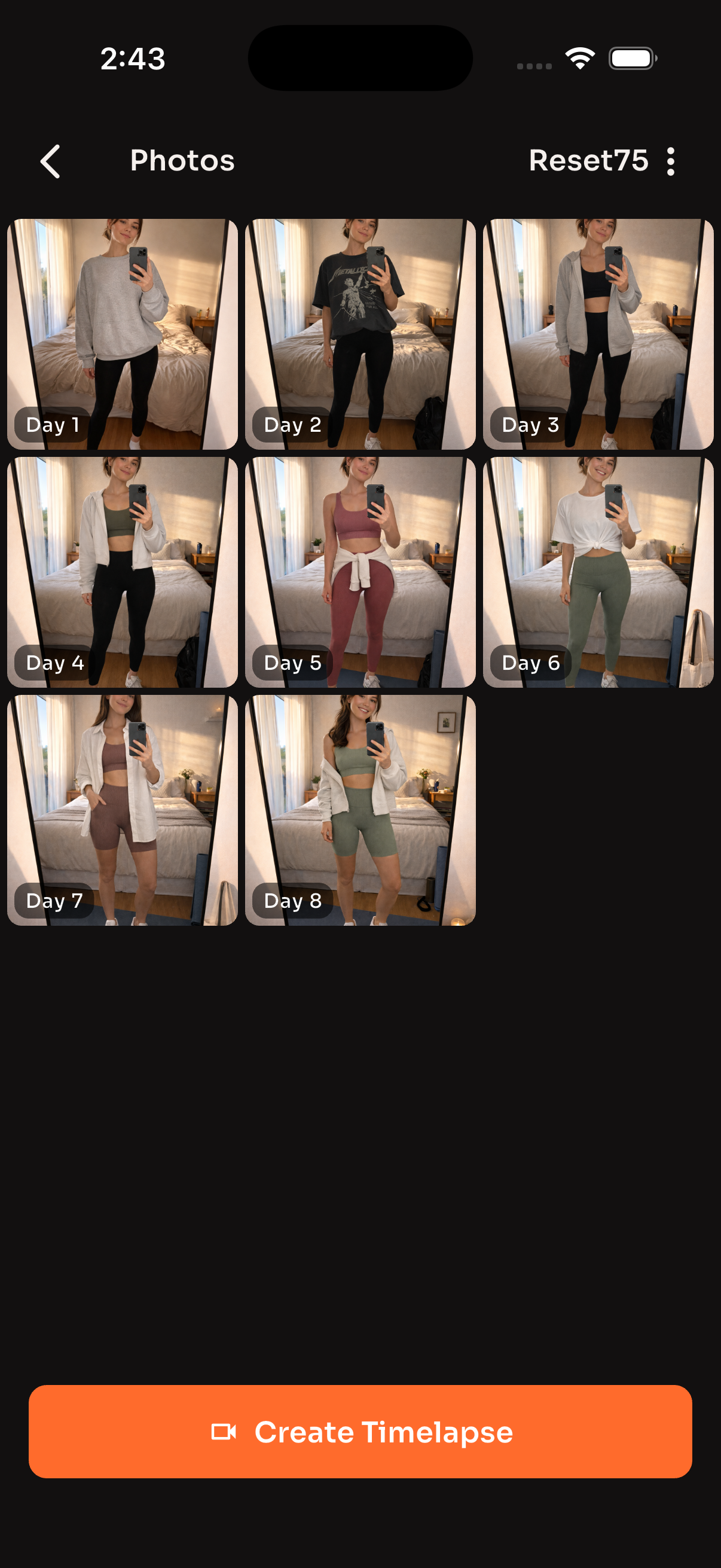 Reset75 progress photo gallery showing 8 days of daily progress photos in a grid